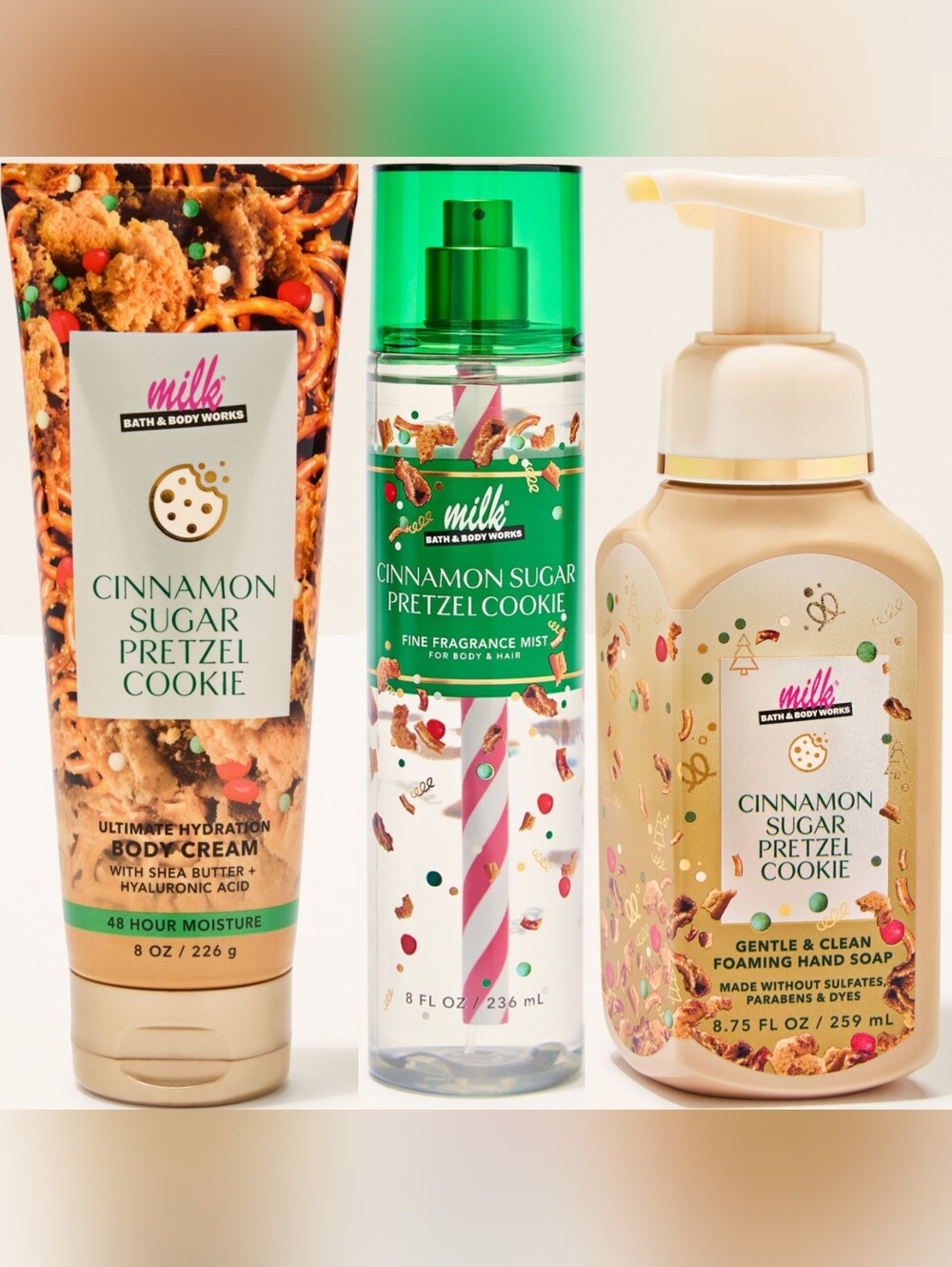 Bath & Body Works Cinnamon Sugar Pretzel Cookie Body Care Set 3 Piece NEW RARE